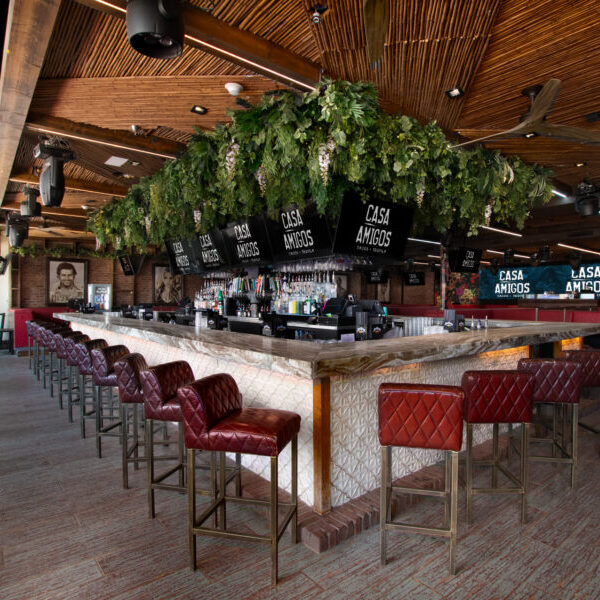 central wooden bar countertop, red quilted bar stools, hanging greenery, and flat-screen TVs