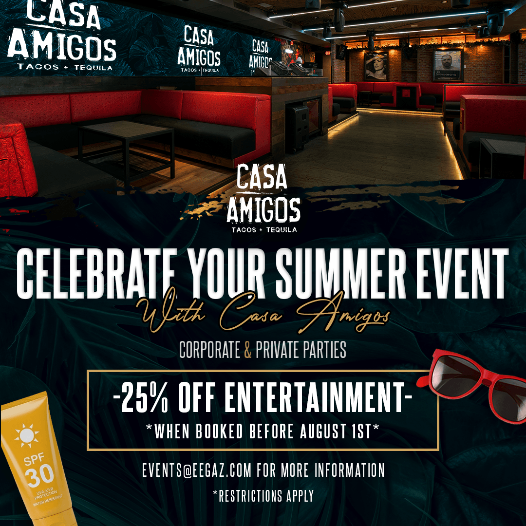 Interior lounge at Casa Amigos with red seating and summer event promotion text.